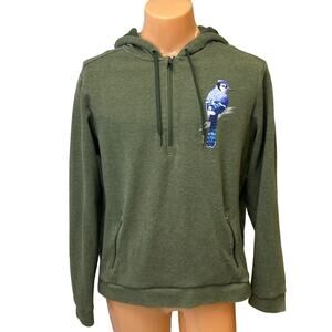 Hand Printed Upcycled Mens Large Blue Jay PolyCotton Long Sleeve Pullover Hoodie